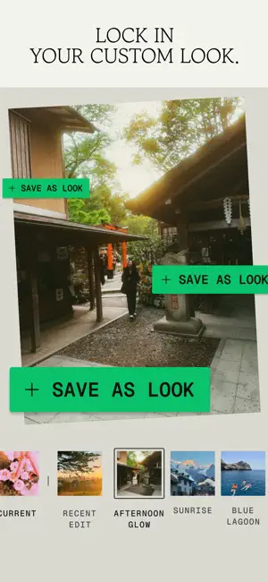 Temple courtyard photo with Save as Look buttons and saved looks named Afternoon Glow, Sunrise and Blue Lagoon