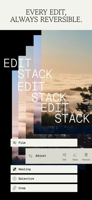 Edit stack over a misty forest photo listing Film, Adjust, Healing, Selective and Crop, with Edit, Mask and Remove options