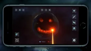 Planet breaking apart after a laser strike with debris spreading into orbit