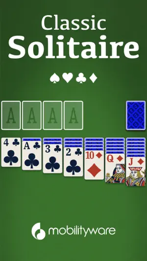 Title card reading Classic Solitaire above a Klondike layout of seven tableau columns, four empty ace foundations and the MobilityWare logo