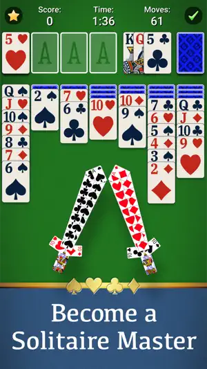 Deal in progress showing score 0, time 1:36 and 61 moves, with crossed card-fan swords and the caption Become a Solitaire Master