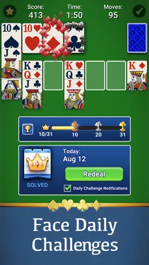 Won deal with the Daily Challenge panel for Aug 12 marked Solved, a 10/31 crown progress bar and a Redeal button
