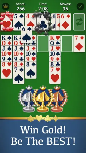 Nearly finished deal with score 256 and 95 moves above silver, gold and bronze trophies and the caption Win Gold! Be The BEST!