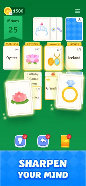 Board with Molluscs, Flowers, Jewelry and Islands category cards, 25 moves left and a lotus picture card going under Flowers