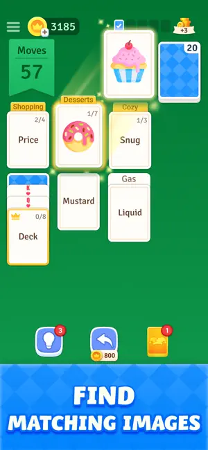 Desserts stack taking a donut picture card while a cupcake card waits on the draw pile, with 57 moves and an 800-coin undo
