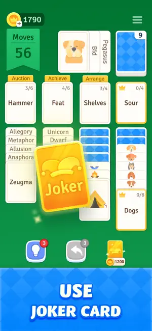 Joker card raised over a board with Auction, Achieve and Arrange categories and a 1,200-coin Joker price