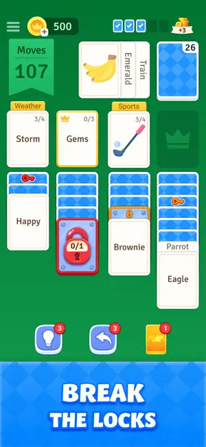Red padlock on a stack showing 0/1 and key icons on face-down cards beside Weather and Sports categories, 107 moves
