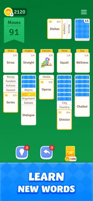 Five-column board with Stars, Angles, Parrots, Wind and Spa categories and 91 moves remaining