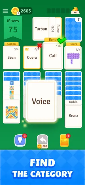 Word card Voice dragged toward the Echo category, marked with a green check, while Opera shows a red cross