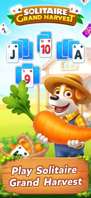 Sam the dog in a straw hat holding a giant carrot below a TriPeaks spread with a 10, a Jack and an Ace