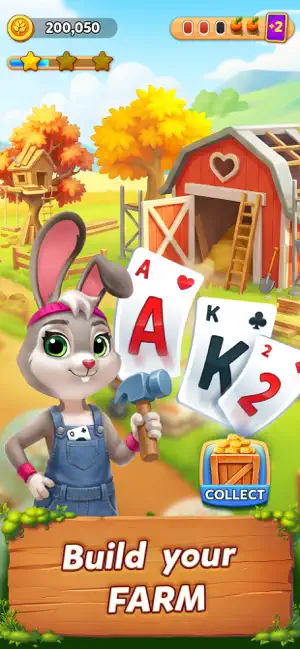 Bunny in overalls holding a hammer beside a red barn, a 200,050-credit balance and a Collect crate