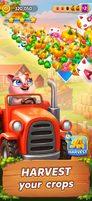 Peggy the Pig driving a red tractor as harvested pumpkins and cabbages fly toward a 320,050-credit counter