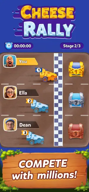 Cheese Rally race screen with three players' cheese cars at Stage 2/3 and reward chests at the finish line