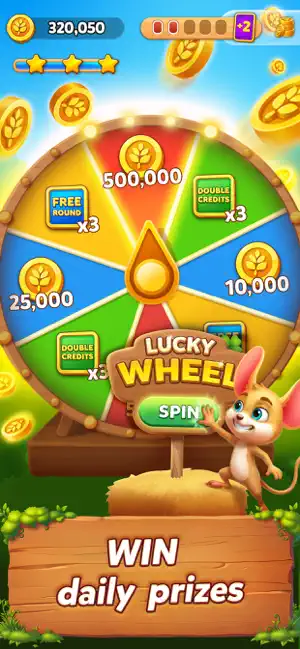 Lucky Wheel with prizes up to 500,000 credits, Free Round and Double Credits segments, and a mouse by the Spin button