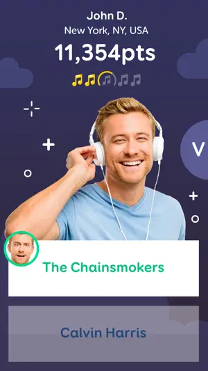 Guess-the-artist screen under an 11,354-point player card, with The Chainsmokers highlighted in green above Calvin Harris