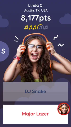 Answer screen where the player's pick, Major Lazer, shows in red beside DJ Snake, under an 8,177-point score
