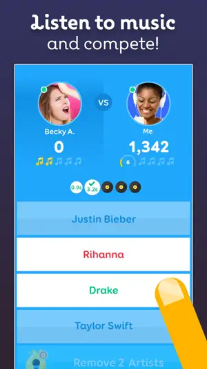 Head-to-head challenge at 0 versus 1,342 points with four artist buttons, Drake marked green and a Remove 2 Artists power-up