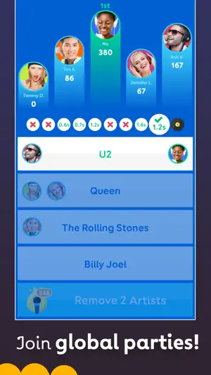 Global party leaderboard with five players on podiums, U2 as the correct answer and per-song answer times above the buttons