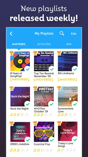 My Playlists screen with Mastered, Activated and New tabs and trophy-marked lists such as 90's Anthems and #HOTlist October '19