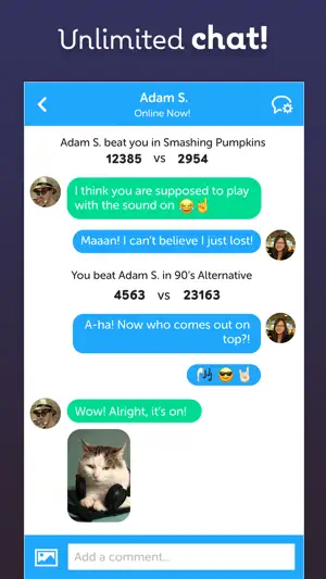 Chat thread with an opponent showing match results of 12385 vs 2954 and 4563 vs 23163, emoji replies and a cat photo