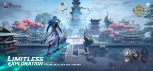 The hero standing above a pagoda city with cherry trees, captioned limitless exploration