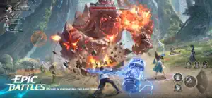 Epic battle against a giant flaming boar beast in a canyon