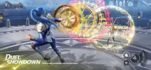 Duel showdown — the hero striking with golden rings against an opponent, a break counter on screen