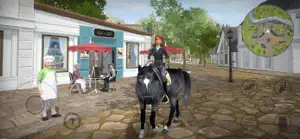 Rider on a black horse outside a village shop with a café and a map compass