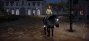 Rider on horseback in front of a white townhouse and a red-brick cottage