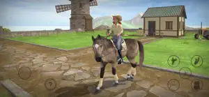 Rider on a bay horse beside a windmill and a green-roofed stable
