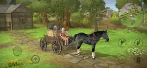 Horse and cart by a log cabin with a hay wagon behind