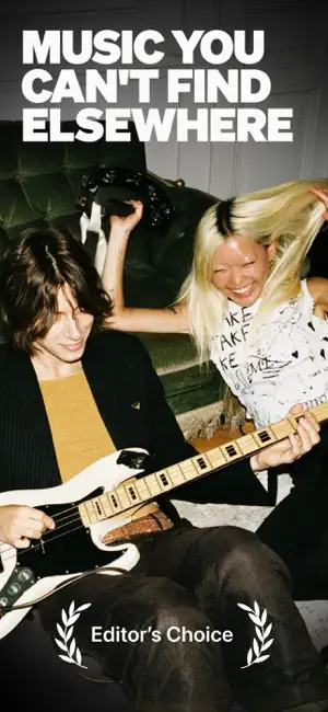 SoundCloud artwork with a bassist and a laughing friend on a sofa, headline Music you can't find elsewhere and an Editor's Choice laurel
