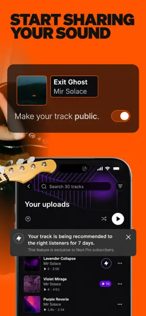 Your uploads screen with a Make your track public toggle and a notice that a track is recommended to listeners for 7 days, a Next Pro feature