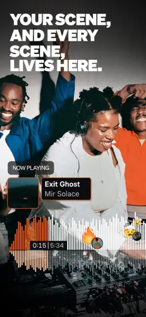 Now Playing card for Exit Ghost by Mir Solace over a waveform at 0:15 of 5:34 with emoji reactions, in front of people dancing at a DJ booth