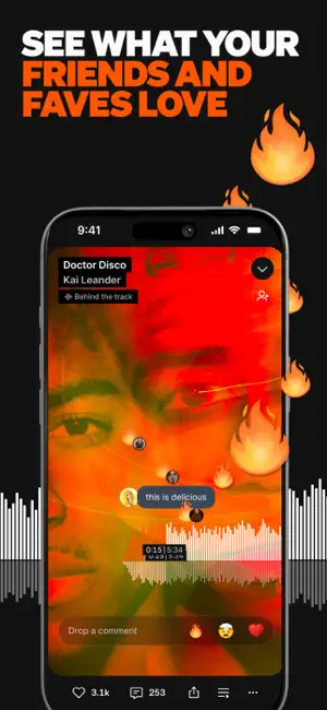 Full-screen player for Doctor Disco by Kai Leander with timed comments on the waveform, a Drop a comment field, 3.1k likes and 253 comments