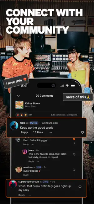 Comments panel for Kairos Bloom with 20 comments pinned to timestamps such as 00:45 and 2:53, replies and like counts