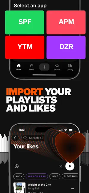 Import screen with app tiles labelled SPF, APM, YTM and DZR above a Your likes list with Rock, Hip Hop & Rap, Indie and Electronic filters