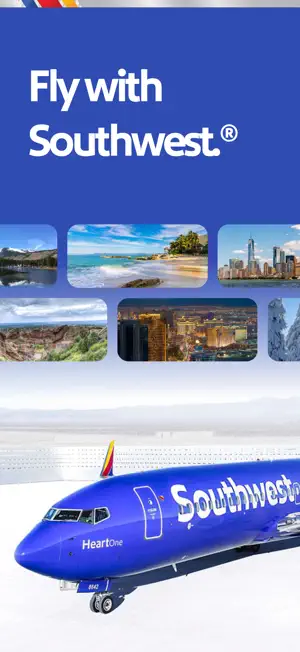 Southwest app promo screen with a blue Southwest Boeing 737 and destination photo tiles