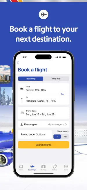 Book a flight screen: round trip Denver to Honolulu for four passengers, fares in dollars or points