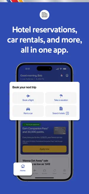 Southwest app home screen with Book a flight, Take a vacation, Rent a car and Search hotels tiles
