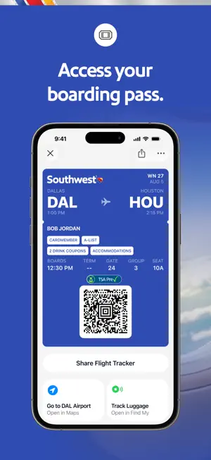 Southwest mobile boarding pass, Dallas to Houston, showing Group 3, seat 10A and TSA PreCheck