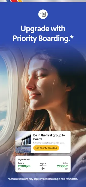 Priority Boarding offer card promising first-group boarding, with a nonrefundable notice