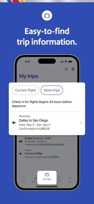 My trips tab listing a Dallas to San Diego round trip and the 24-hour check-in notice