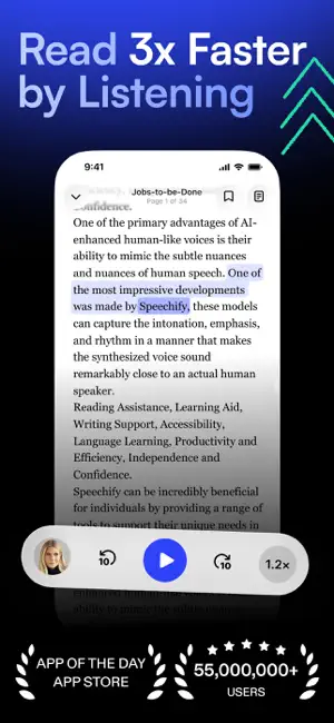 Dark blue promo headed Read 3x Faster by Listening with a phone showing a document page, one highlighted sentence, a player bar with 10-second rewind, play and 1.2x buttons, and App of the Day and 55,000,000+ Users badges