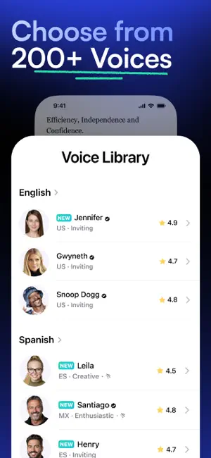 Choose from 200+ Voices promo with a Voice Library list: English voices Jennifer, Gwyneth and Snoop Dogg rated 4.9, 4.7 and 4.8, then Spanish voices Leila, Santiago and Henry