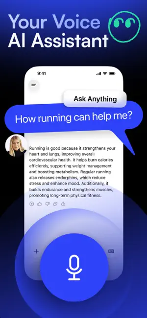 Your Voice AI Assistant promo with an Ask Anything bubble reading How running can help me over a written answer and a large blue microphone button