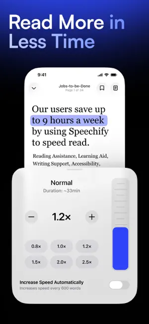 Read More in Less Time promo with a speed panel showing 1.2x with minus and plus buttons, presets from 0.8x to 2.5x, a vertical slider and an Increase Speed Automatically switch