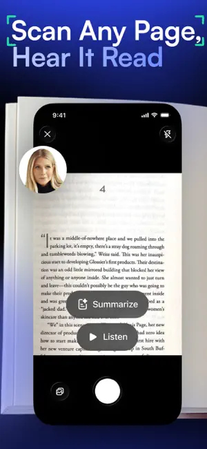 Scan Any Page, Hear It Read promo with a camera view of an open book, Summarize and Listen buttons and a round shutter button