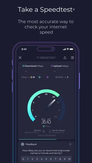 Speedtest gauge mid-test at 36.45 Mbps with download, upload, ping and jitter fields and a provider survey below