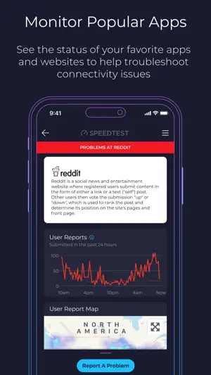 Downdetector page for Reddit problems with a 24-hour user reports chart and an outage map of North America